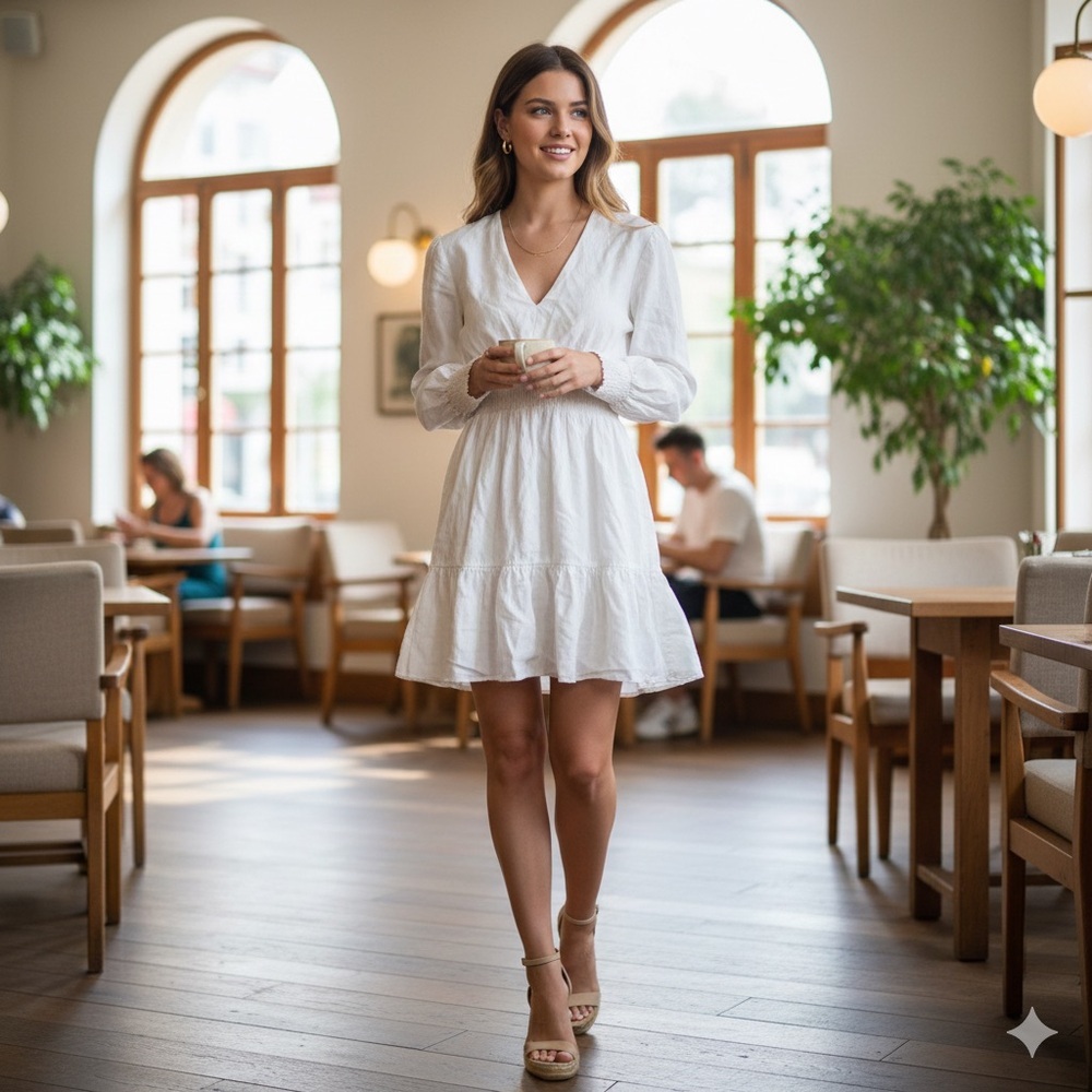 Women’s Zara Elegant White Long Sleeve Linen Blend V-Neck Dress XS